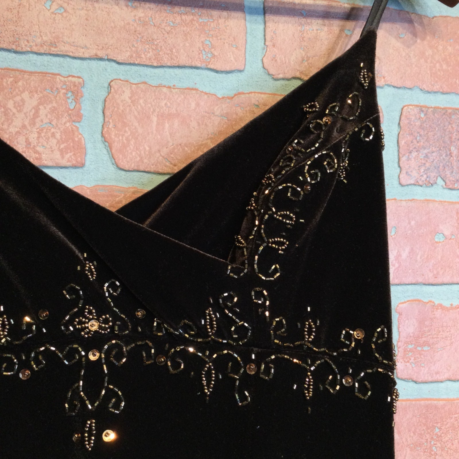 90s Y2K Dave & Johnny Brown Evening Dress 3/4 Beaded Babydoll Spaghetti Strap