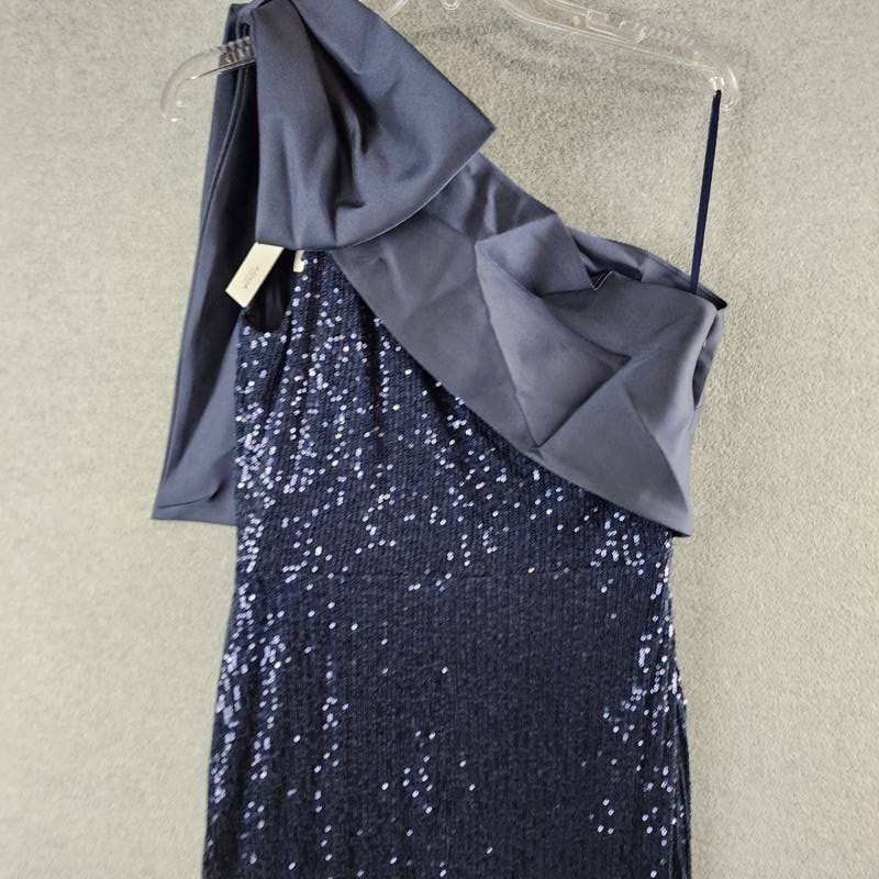 Aqua Formal Long Allover Sequined Bow Dress Women’s 12 Navy Asymmetrical Neck