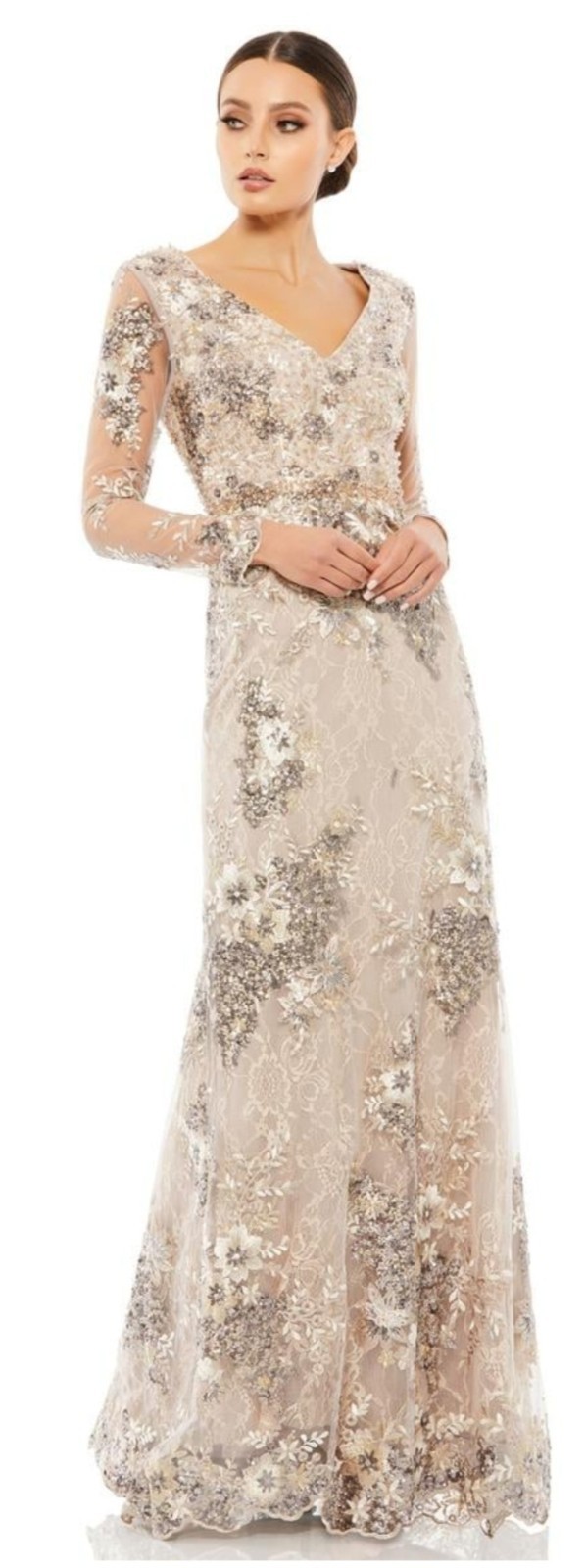 Mac Duggal 67539 Embellished V-neck Illusions Gown NWT Size 18 Taupe