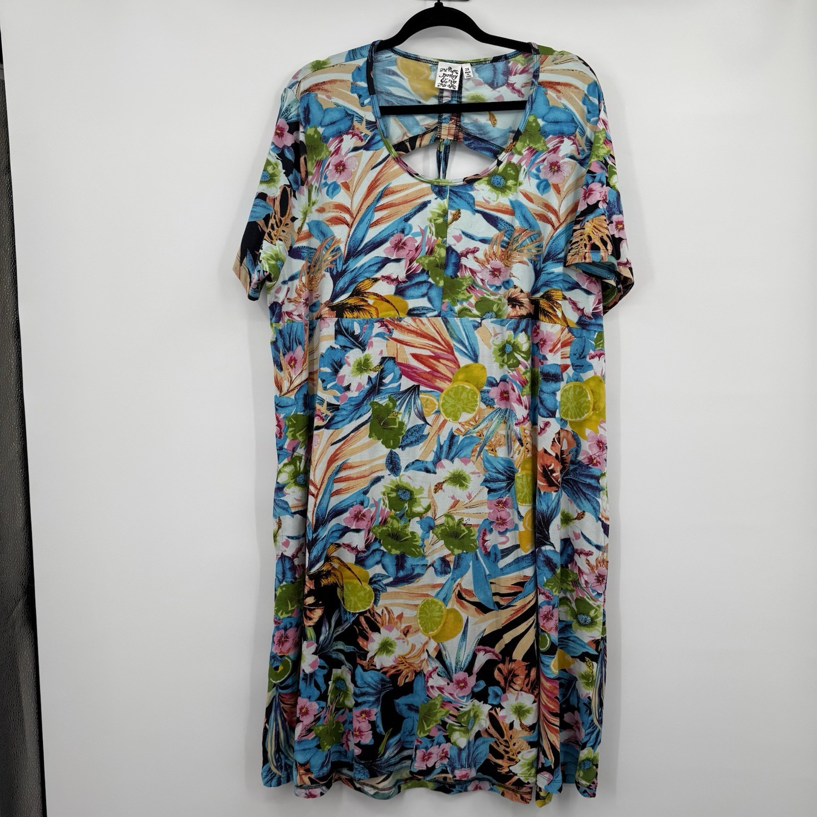 Parsley & Sage Dress Womens 2X Multicoor Floral Short Sleeve Midi Tropical Art