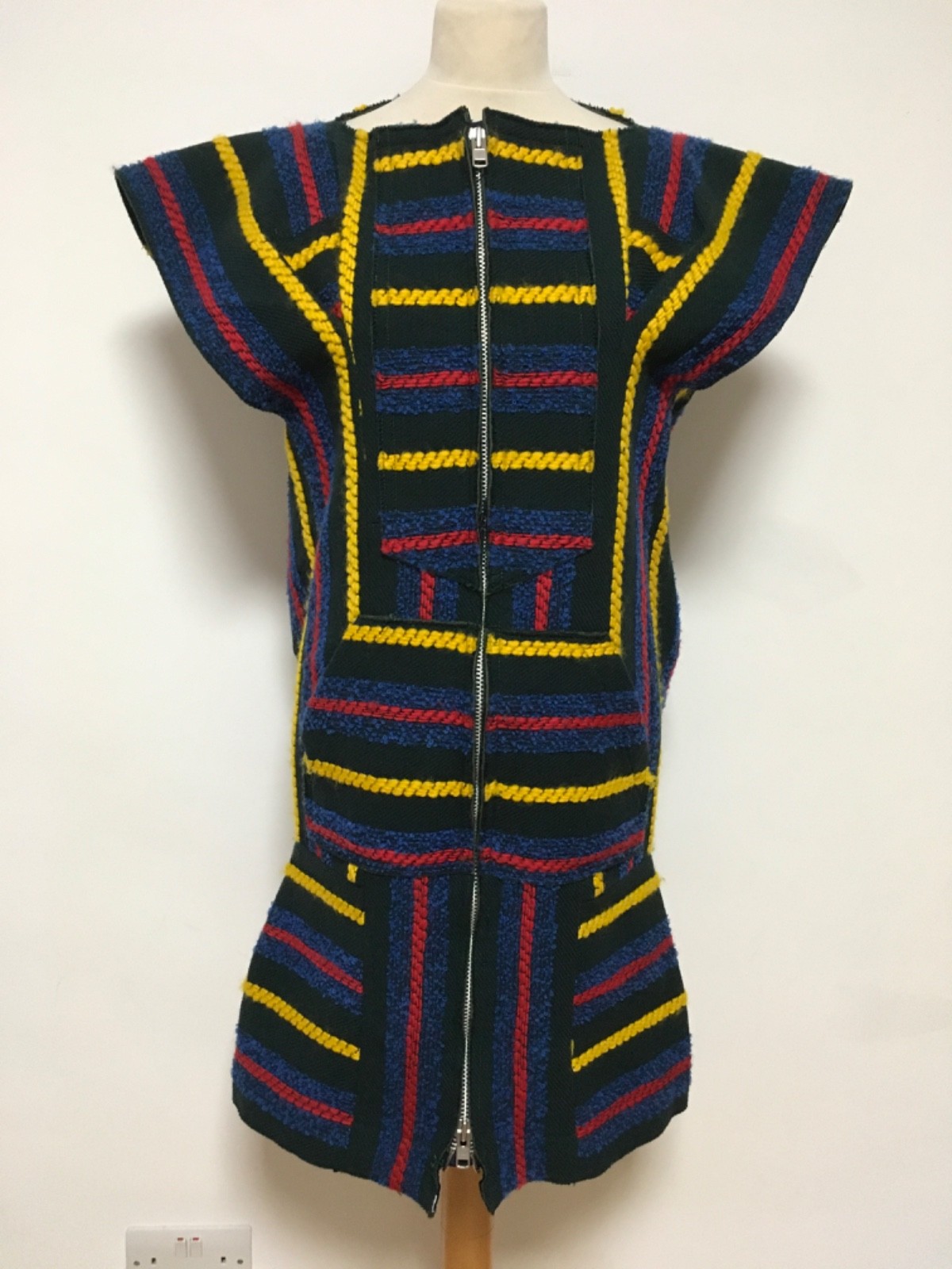 Sacai quirky wool dress green yellow blue red stripe S