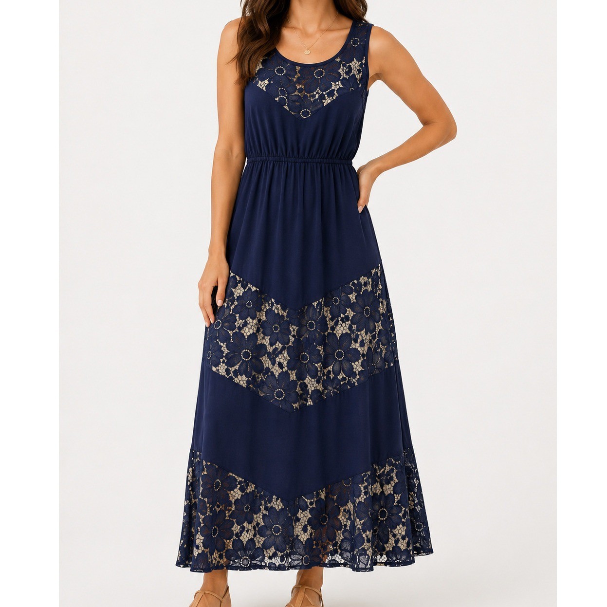 NY Collection Navy Blue Floral Lace Panel Sleeveless L Maxi Dress Elastic Waist