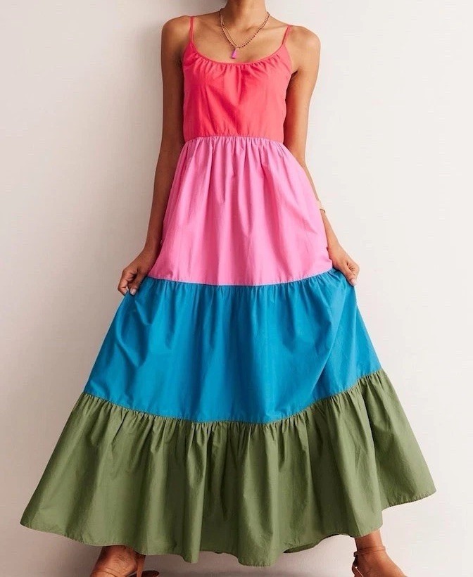 Boden Red/ Pink/ Blue/ Green Colorblock Trapeze Cotton Maxi Dress Size 6 Petite