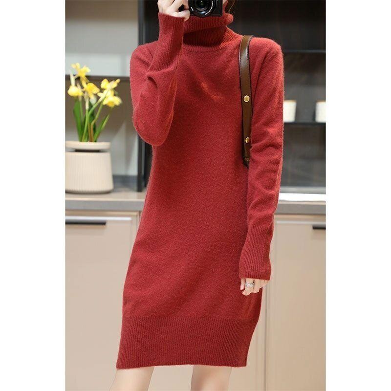 Knitted Cashmere Sweater Women Wool Turtleneck Long-Sleeve Slim Mid Length Dress