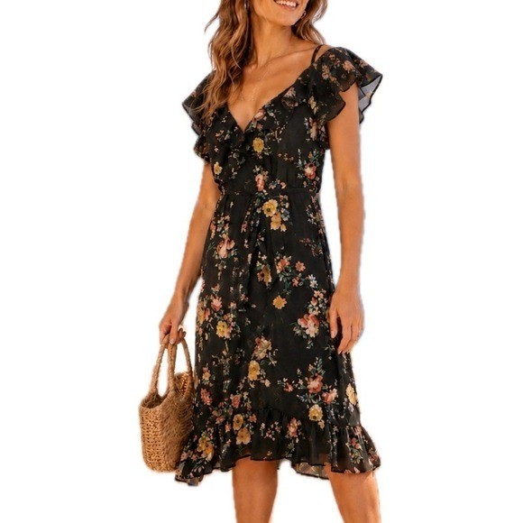 Stradivarius Navy Floral Ruffle Midi Dress. Women’s Size Small.