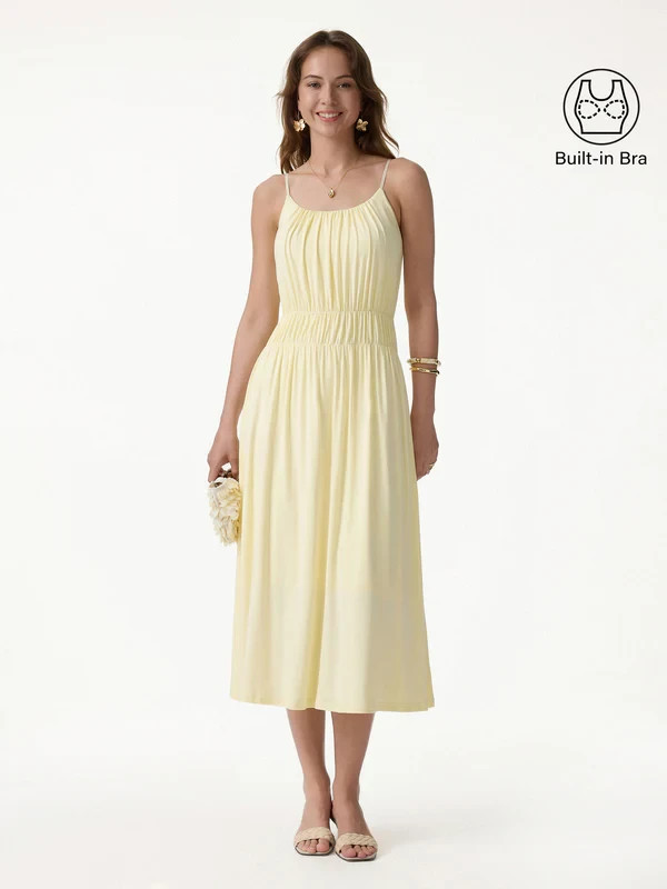 OGL Vacay Gathered U-Neck Spaghetti Midi Bra Dress with Pockets – Pale Yellow