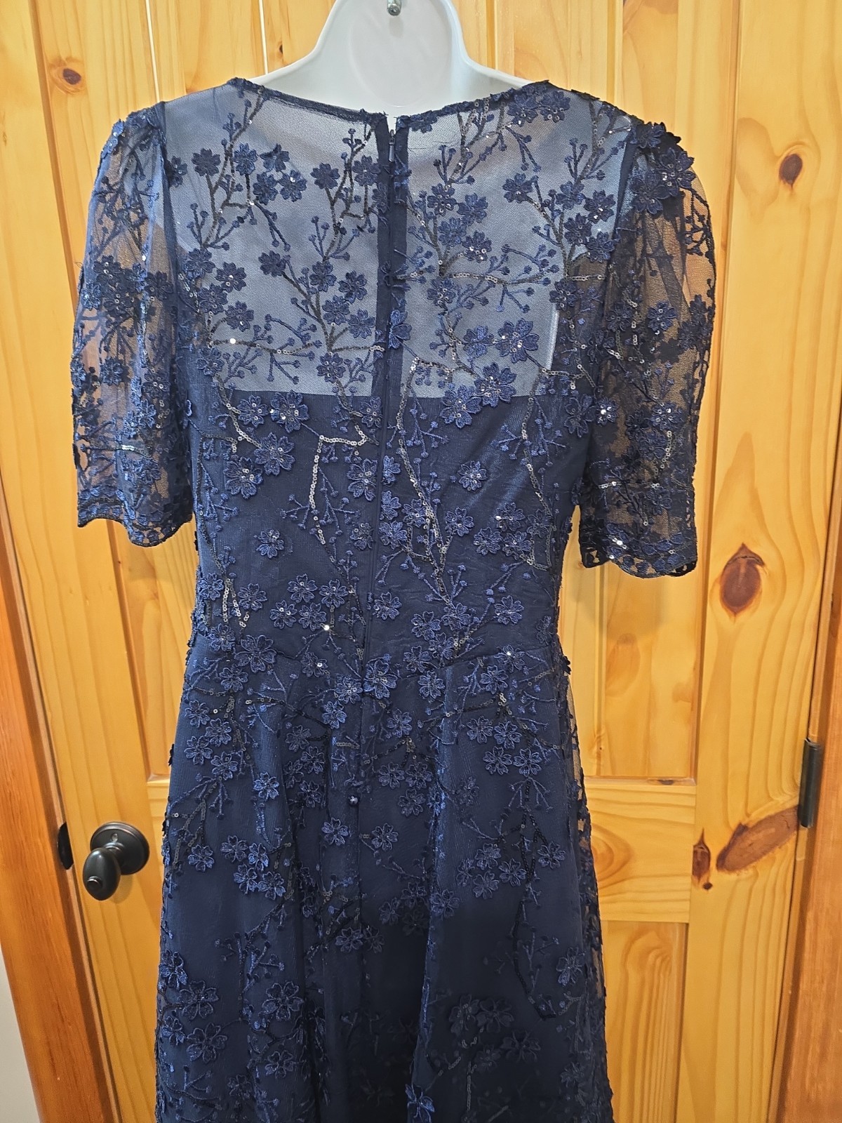 Teri Jon by Rickie Freeman Navy Lace Sequin High/Low 10 Flaw at button clasp
