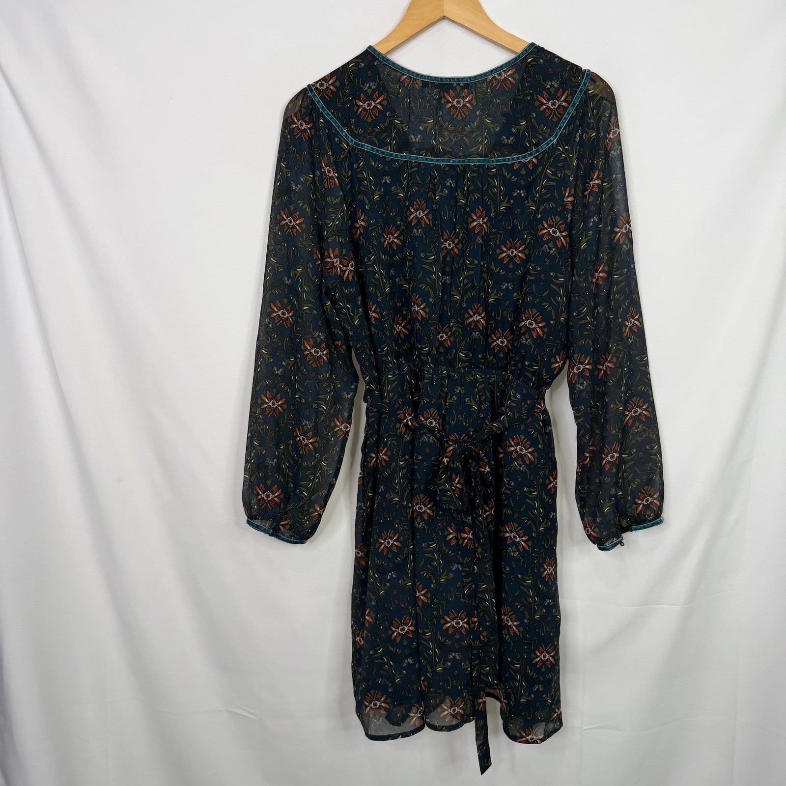 Daniel Rainn Floral Long Sleeve Mini Dress Velvet Trim Teal Size SP NEW