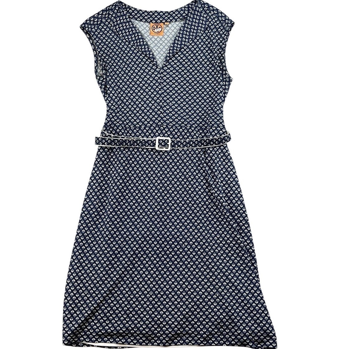 Tory Burch Navy Blue White Geometric Print V-Neck Belted Dress Womens Medium