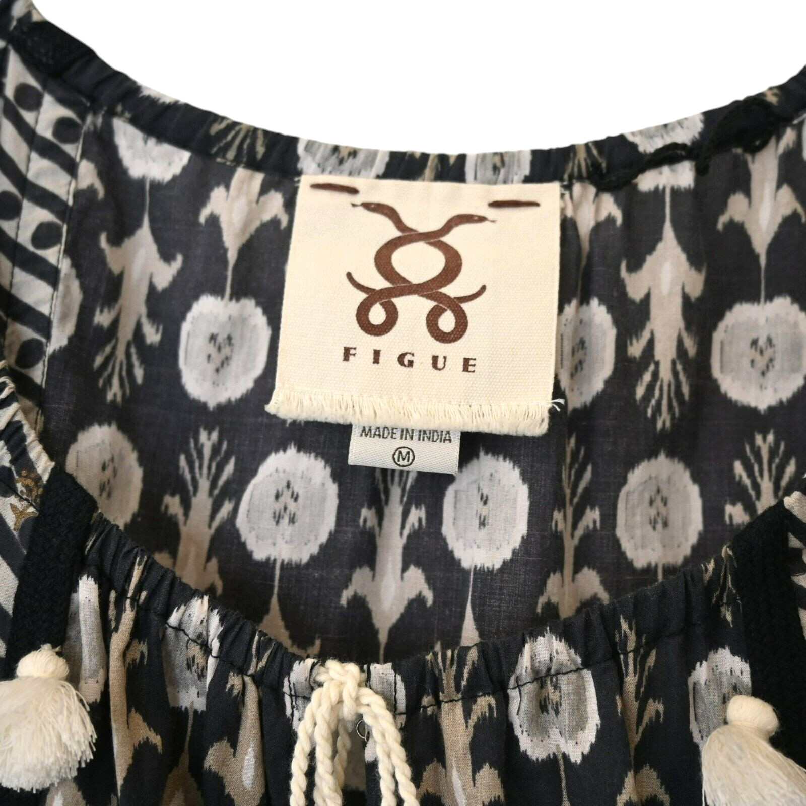 Figue Dress Size Medium Black Tan Knee Length 3/4 Sleeve Tasseled Bohemian