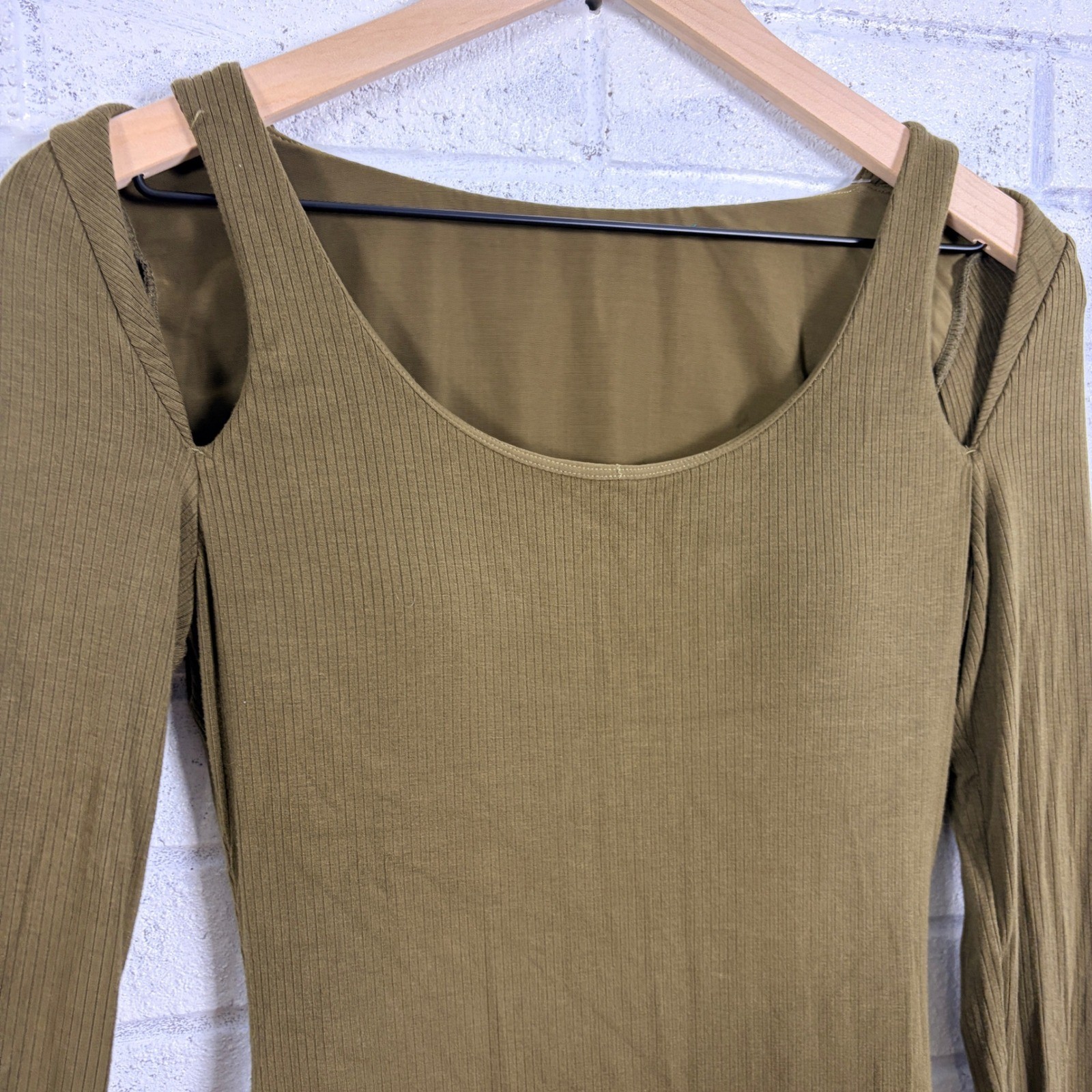 Shapellx Ribbed Maxi Dress Womens M Olive Green Cold Shoulder Shapewear