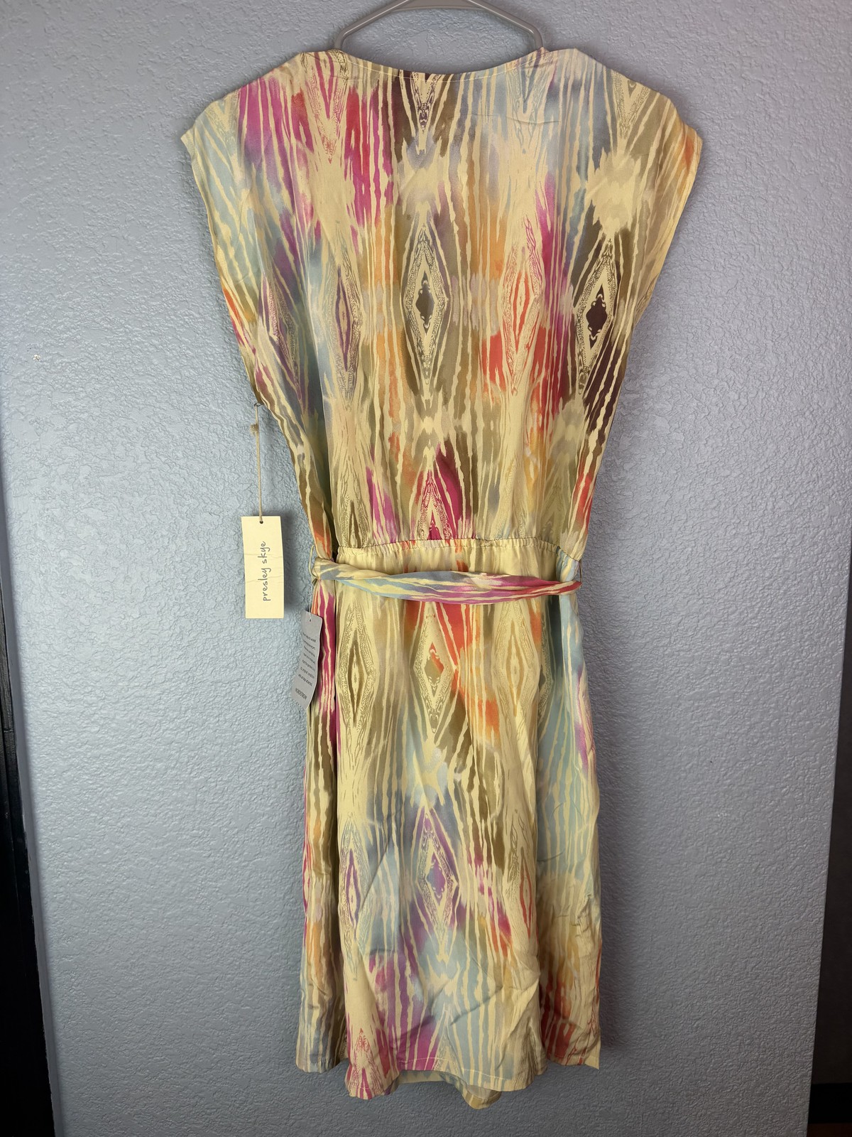 Presley Skye Dress Womens Medium Maize Green Silk Ikat Print Belted Lined NWT