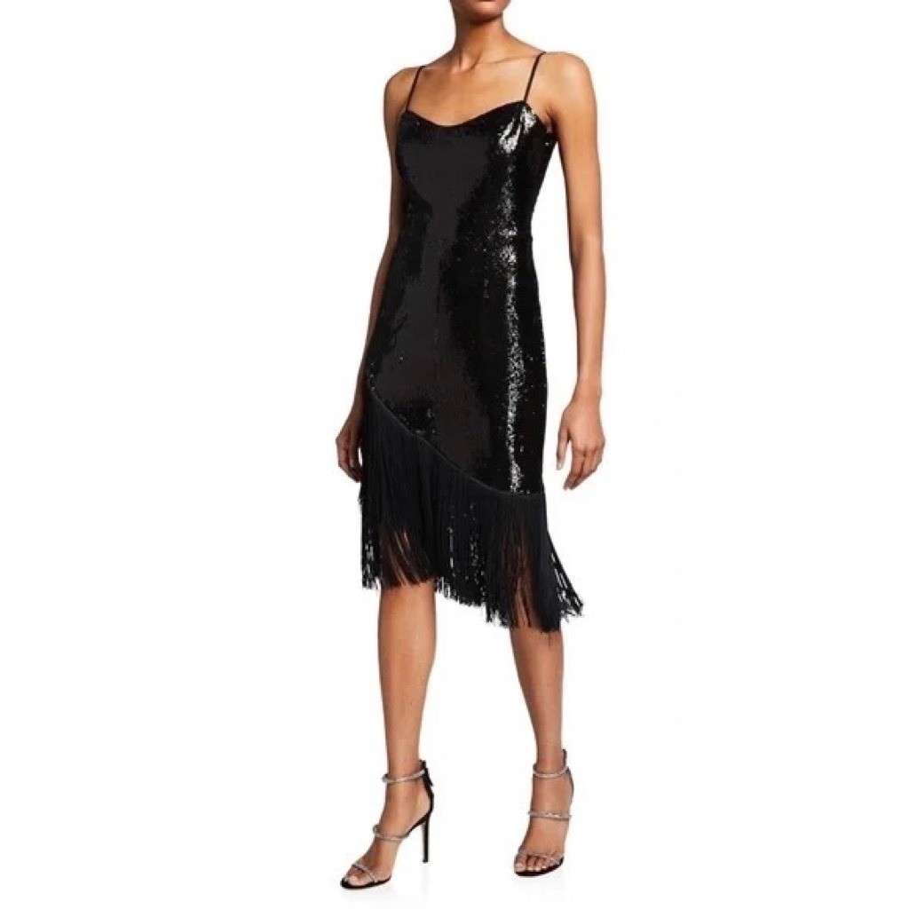 DRESS THE POPULATION Rosella Sequins Tassel Fringe Hem Dress Party X-Large