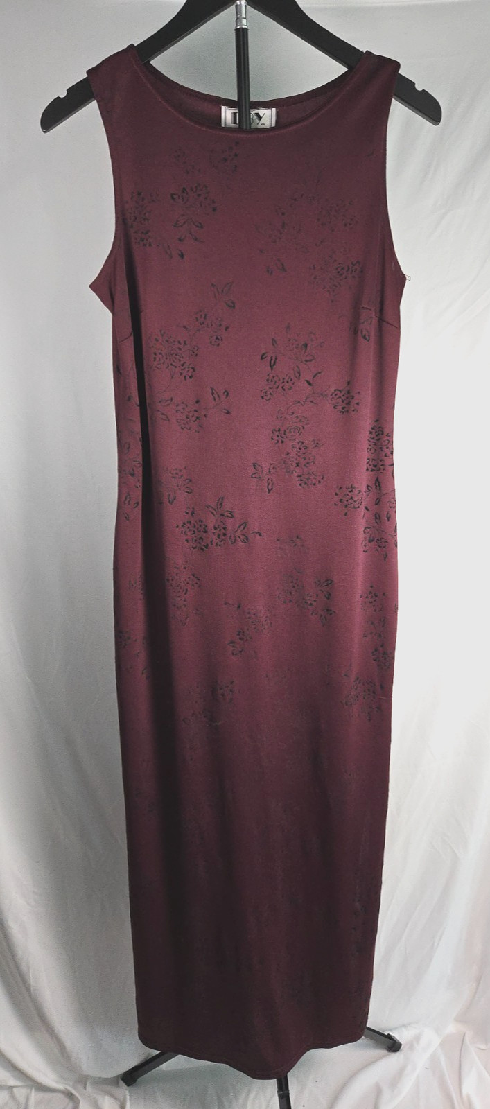 Vintage 90s Y2K Burgundy Floral Flocked Midi Maxi Dress Sz 11 Whimsigoth Grunge