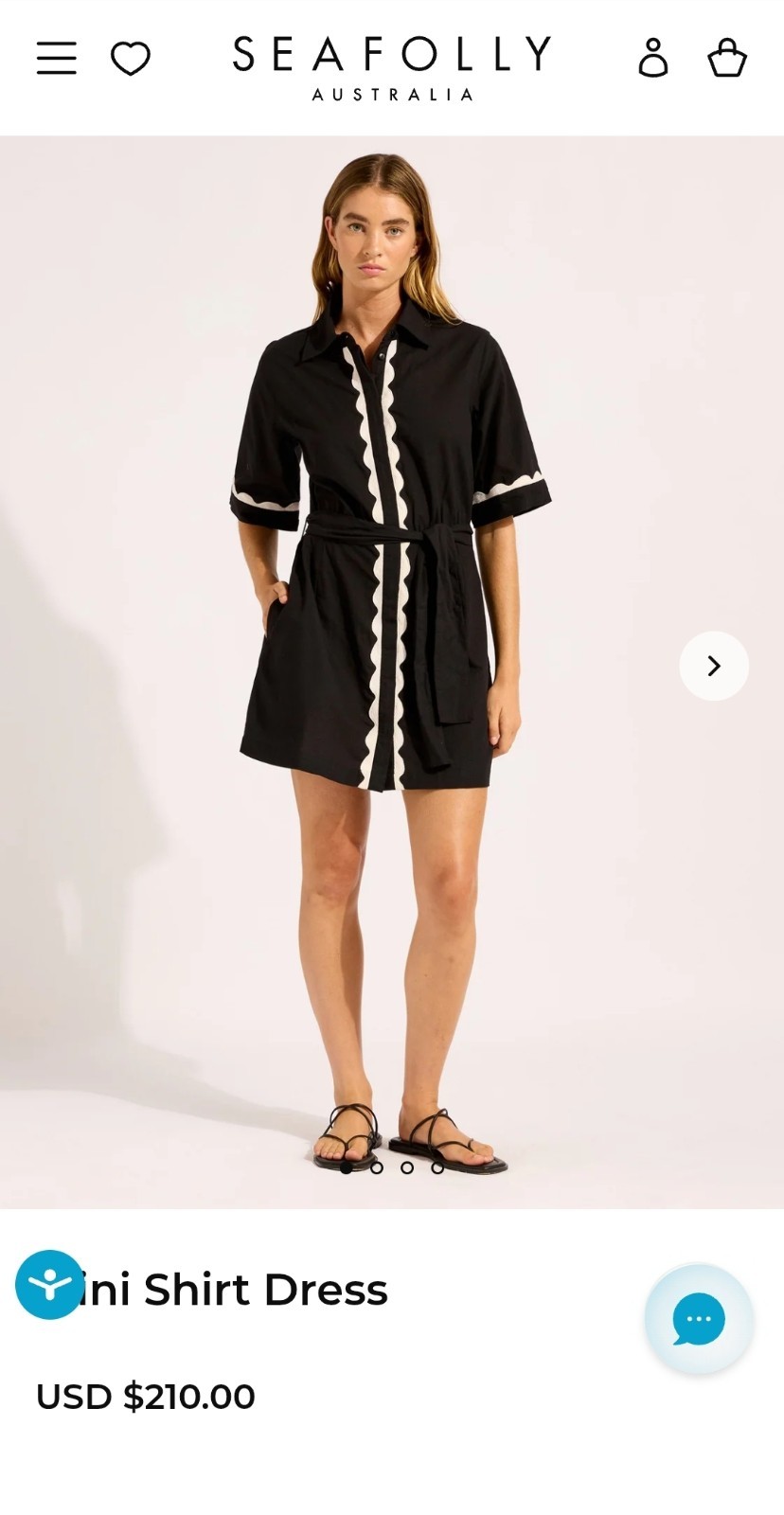 Seafolly Australia Mini Shirt Dress Womens Small Black Scalloped Ric Rac New