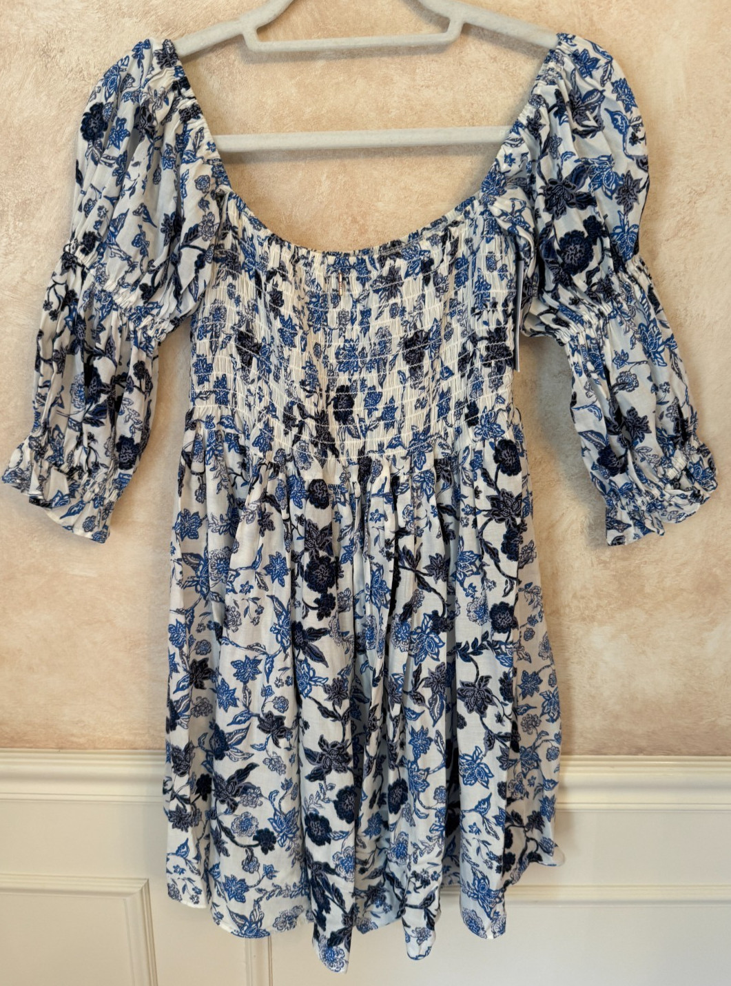 Misa Los Angeles Zadie Boho Mini Ruffle Floral Blue White Dress SZ S NWT