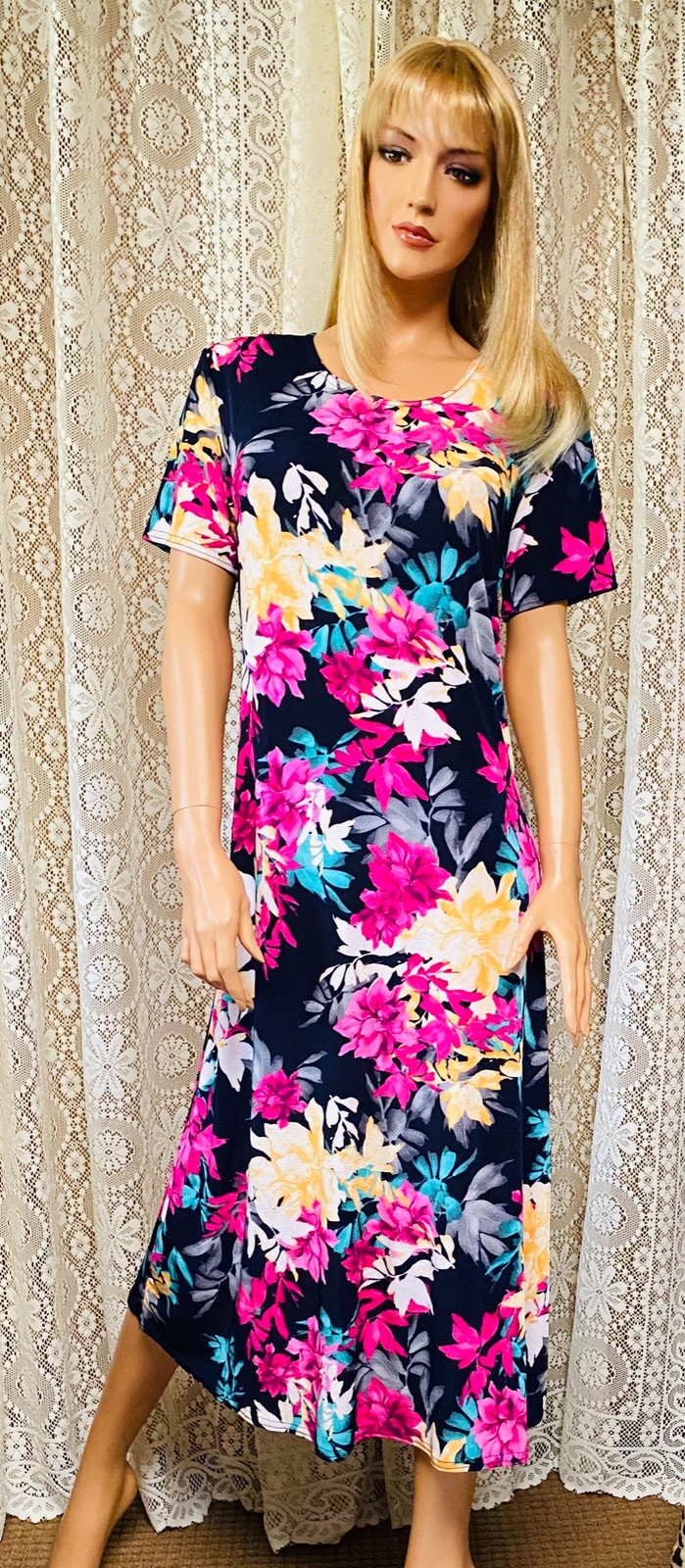 JOSTAR Pink Floral LONG DRESS Slinky Poly Spandex Knit TRAVEL S M L XL 2X 3X
