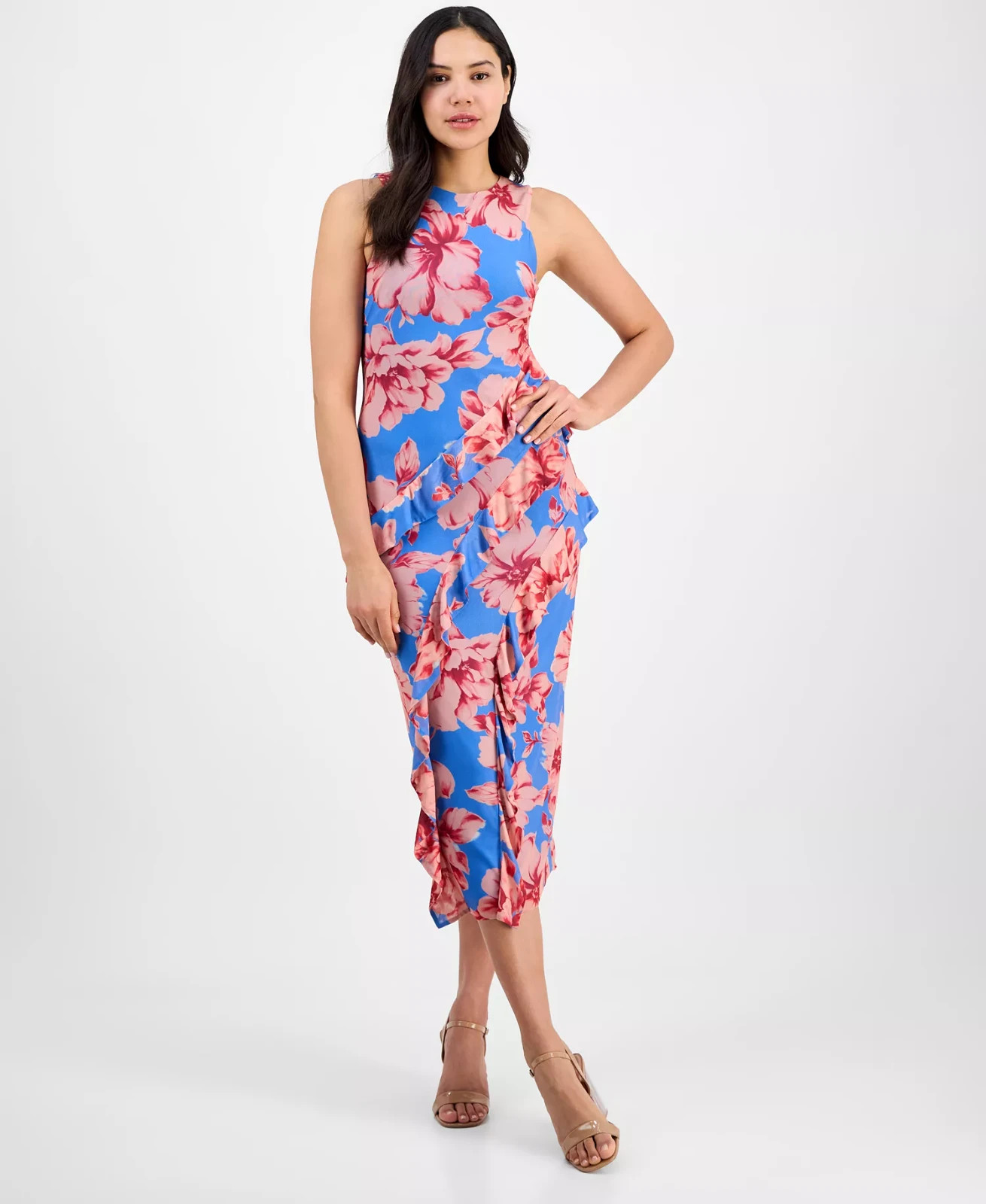 Rachel Roy Blue Pink Floral Isca Ruffled Sleeveless Midi Dress Size Small $139