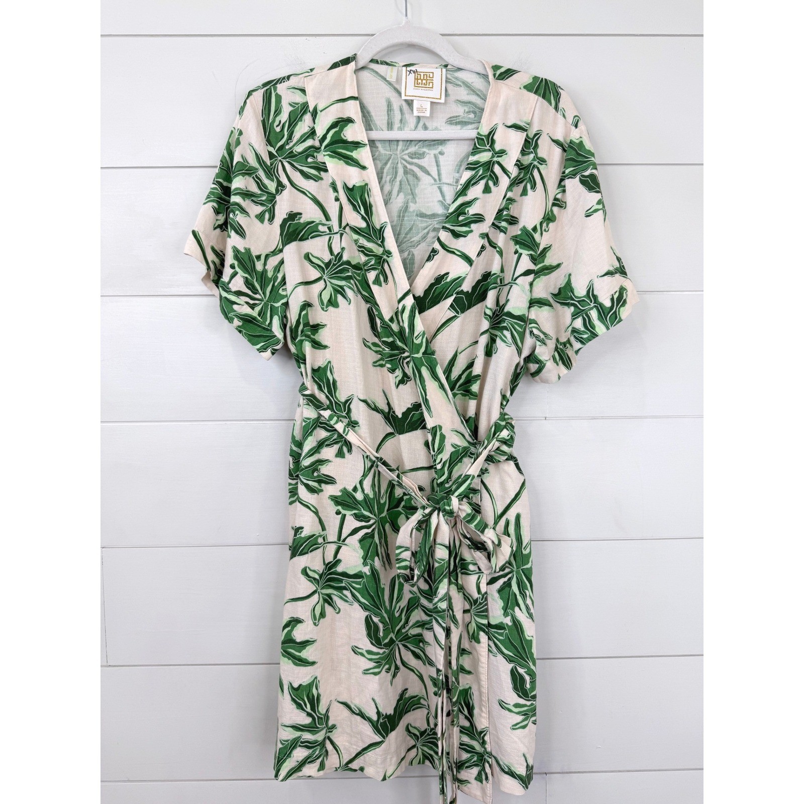 Emily McCarthy Wrap Dress Women Large Green Tropical Palm Leaf Linen COASTAL