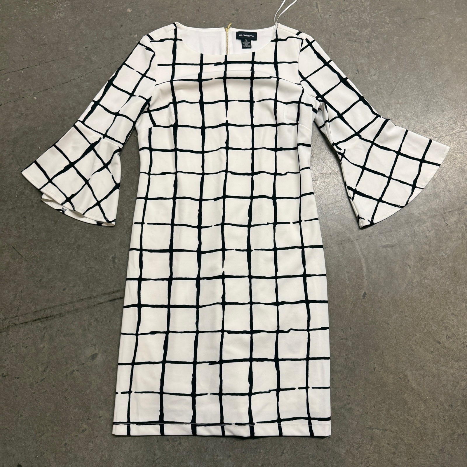 Liz Claiborne Womens Black White Windowpane Grid Bell Sleeve Sheath Dress 10