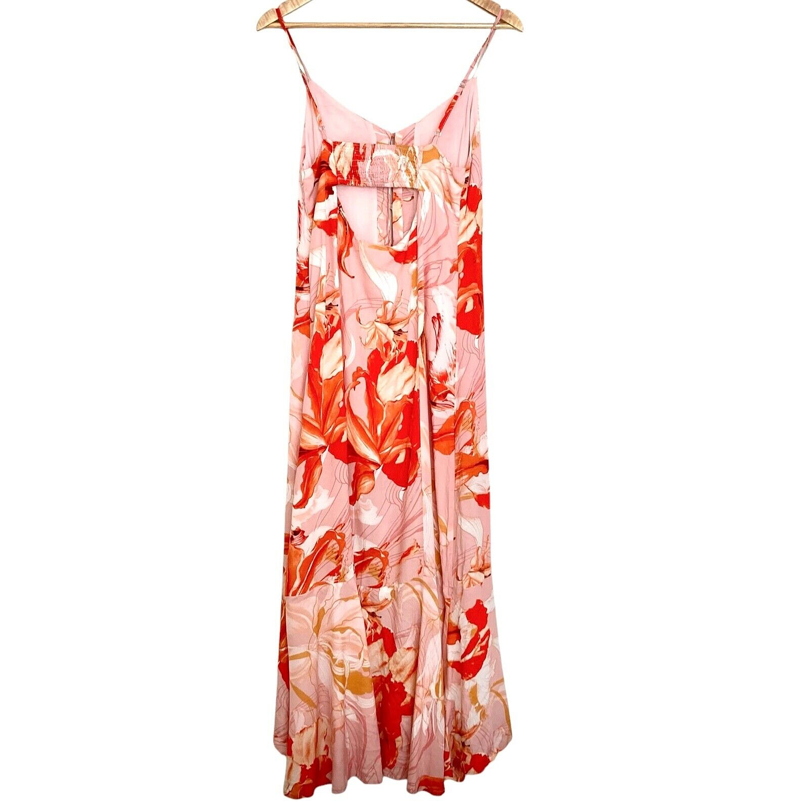 ABEL THE LABEL Lola Flower Bomb Midi Dress Sz M Flounced Hi Low Cutout Back Pink