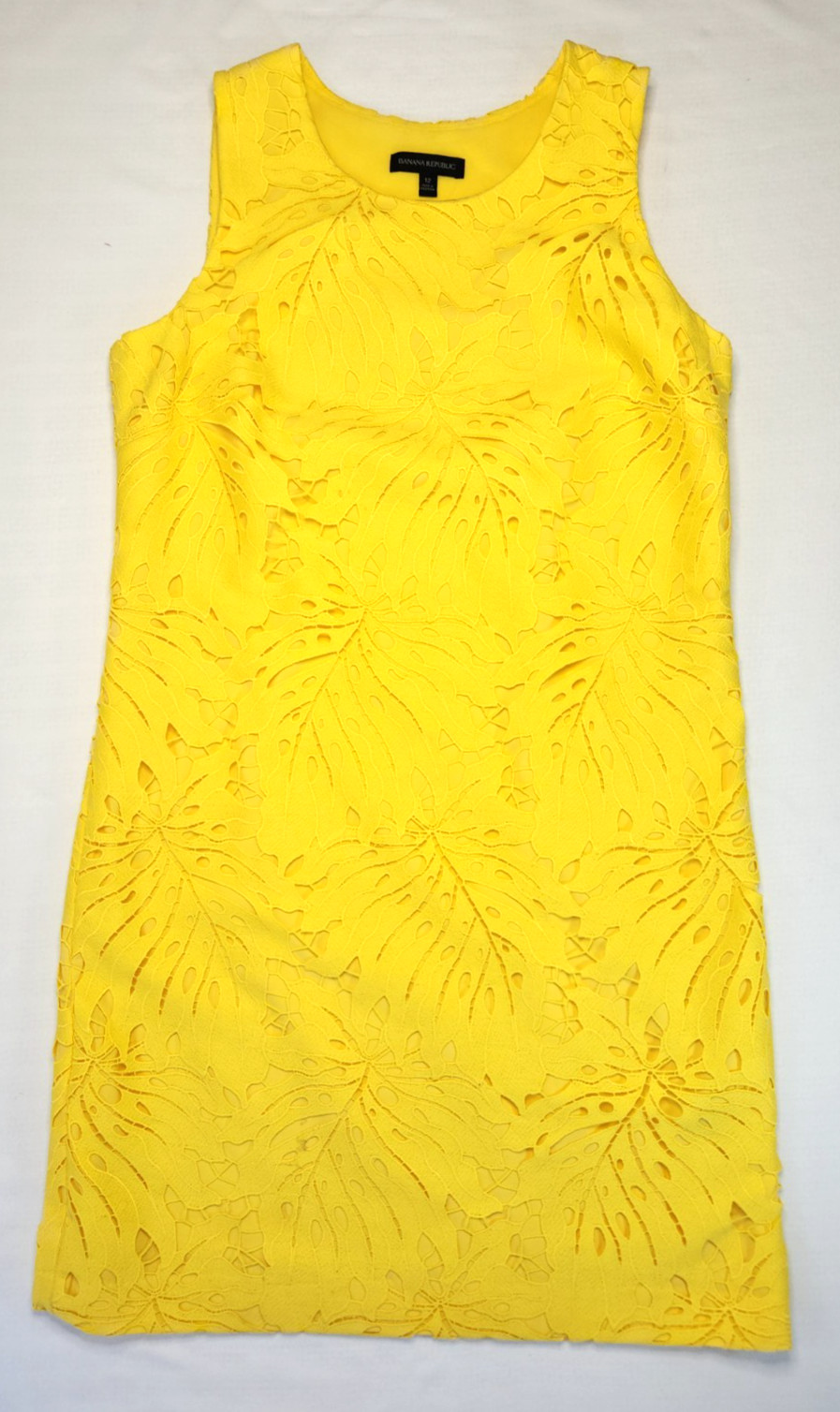 Banana Republic textured cutout lace sheath mini dress floral leaf yellow Sz 12