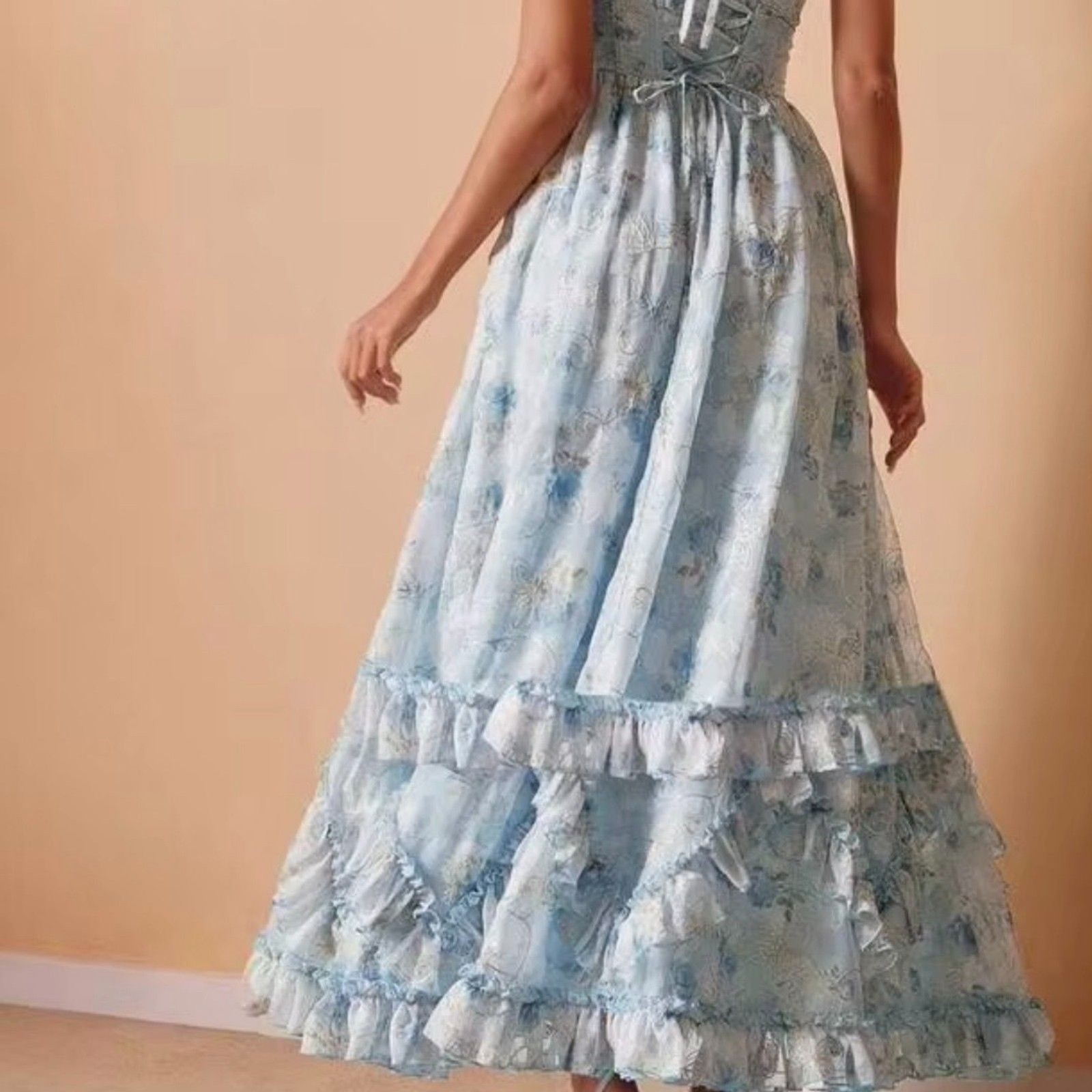 Anewsta Blue Floral Halter Maxi Dress Ruffle Lined Empire Waist NWT