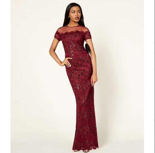JS COLLECTIONS ROUND ILLUSIONS YOKE LACE EMBELLISHED CABERNET DRESS sz 12