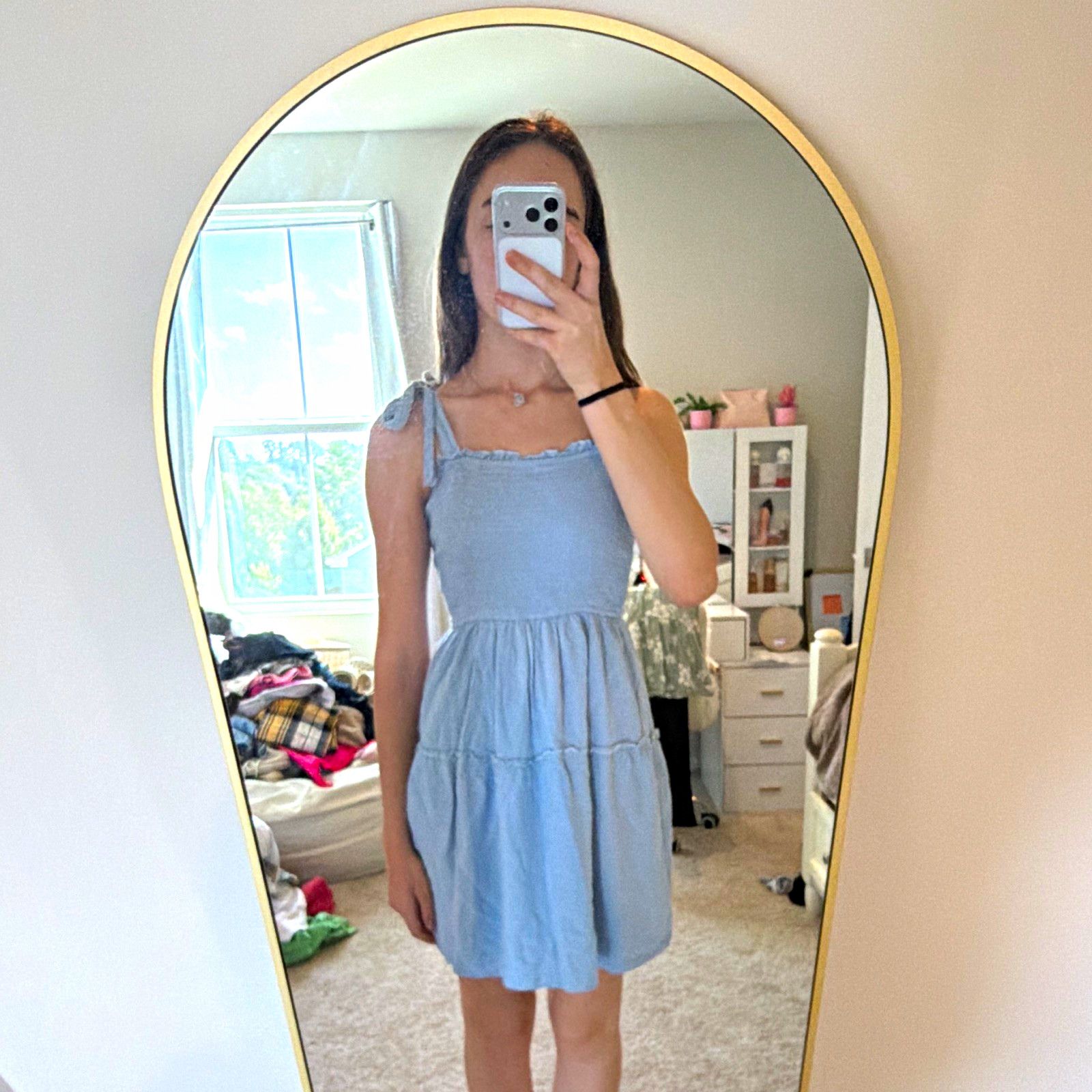 Zest Blue Solid A-Line Short Dress Square Neck Smocked Tie Straps Women’s XS