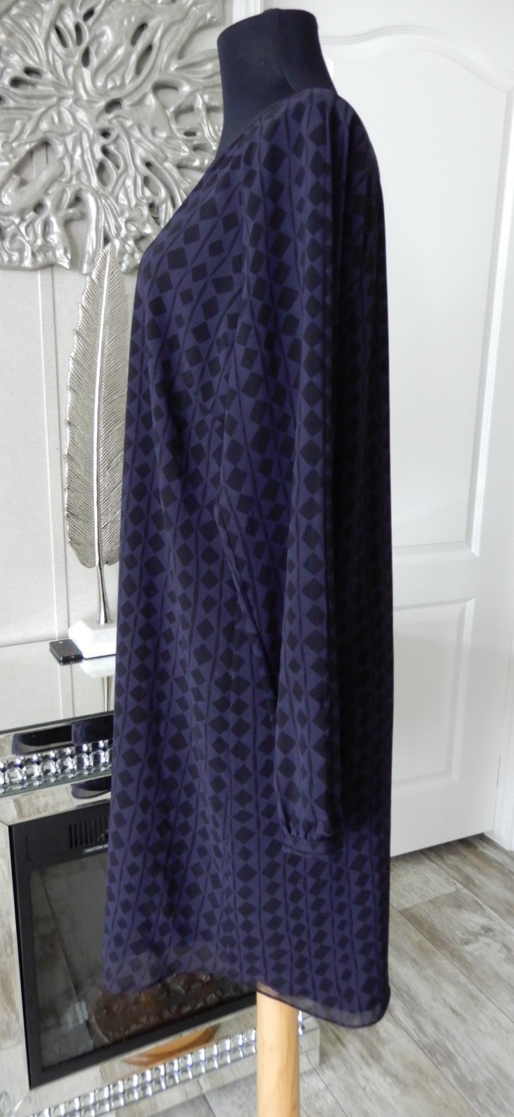 CAbi Harlequin Tunic Shift Dress Medium Women’s Sheer Dress Purple/Black