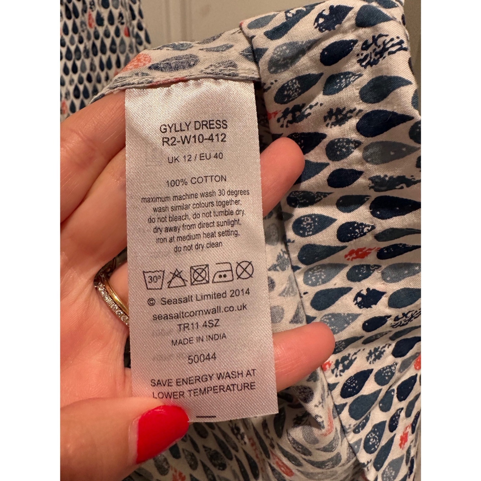 Seasalt Cornwall Gully Dress UK 12 US 8 Blue Raindrop Print Cotton Midi