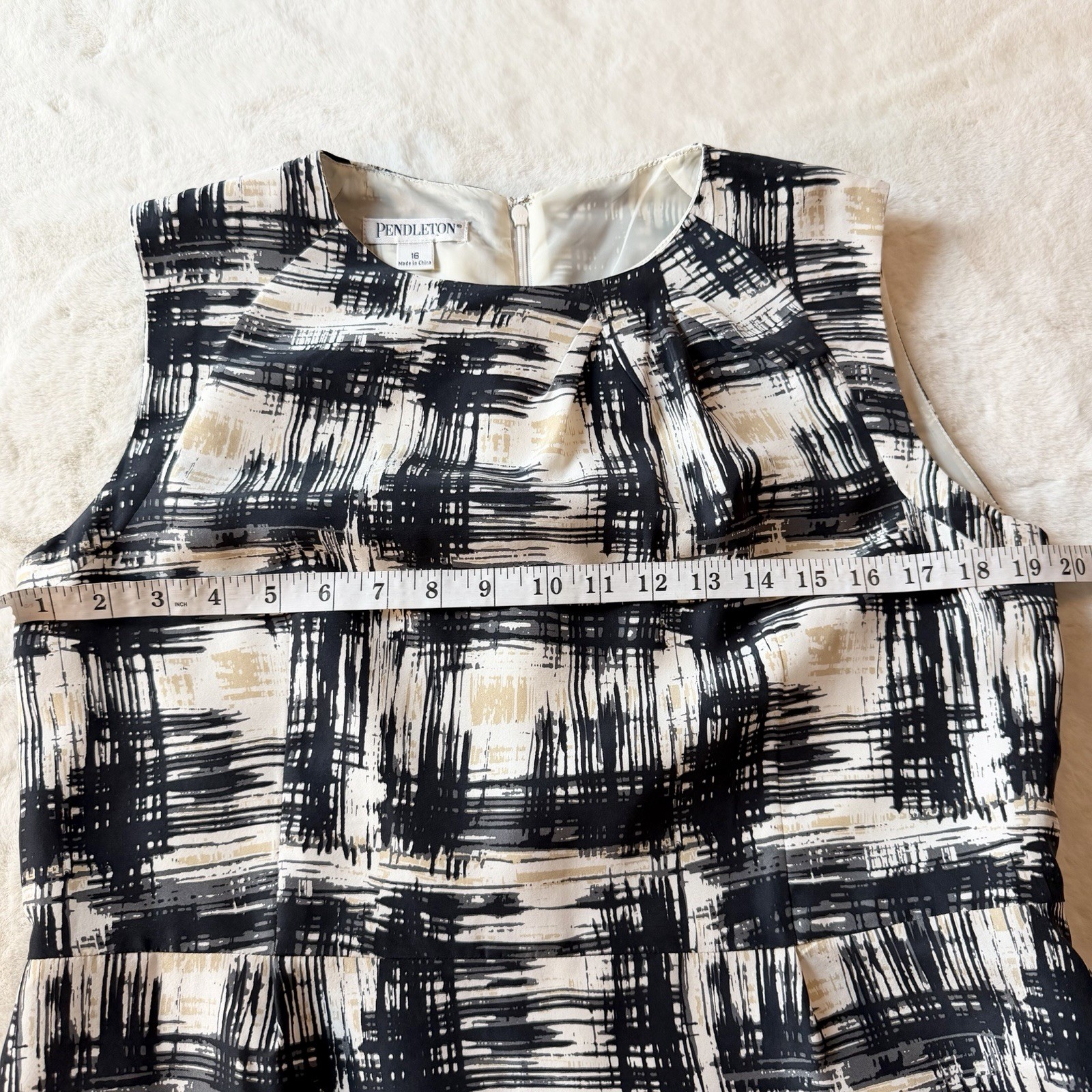 Pendleton 100% Silk Career Dress Abstract Ivory Black Gray Tan Women’s 16