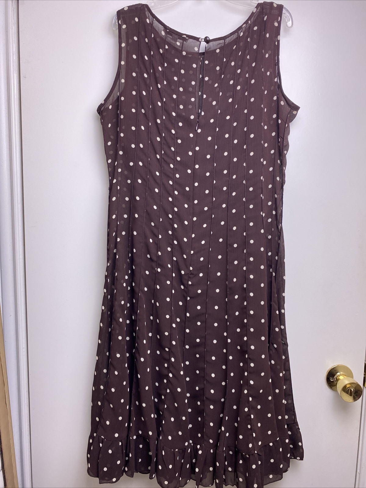 Brown White Polka Dot Sheer Lined Sleeveless Ruffle Dress Sz 12 Pretty Woman