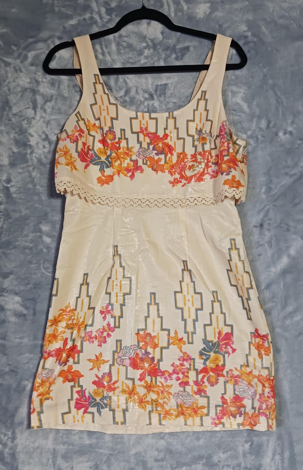 Free People Dress Womens 6 Cream Multicolor Floral Sundress Lace Lined Zip Back