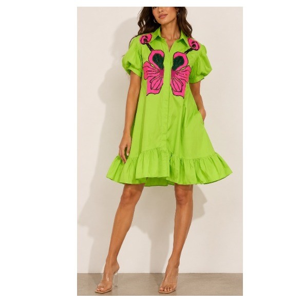 N by Nancy Women’s Green Sequin Butterfly Ruffle High Low Shirt Dress Size L NWT