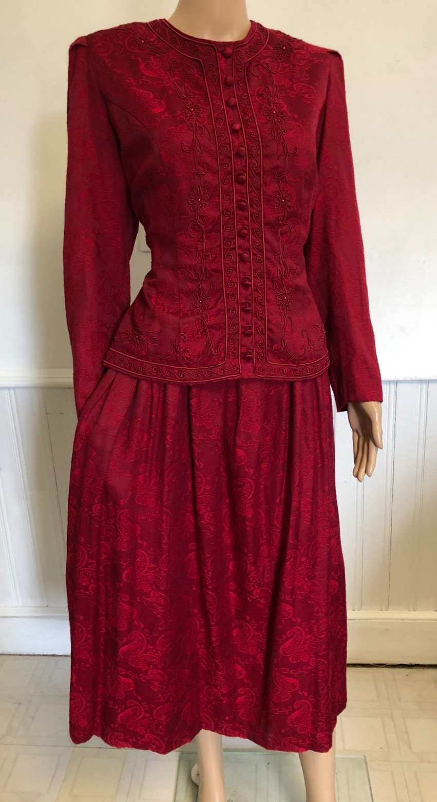 Vintage 90s Red Midi Riding Style Dress Sz 14 Damask Embroidered Beaded EUC