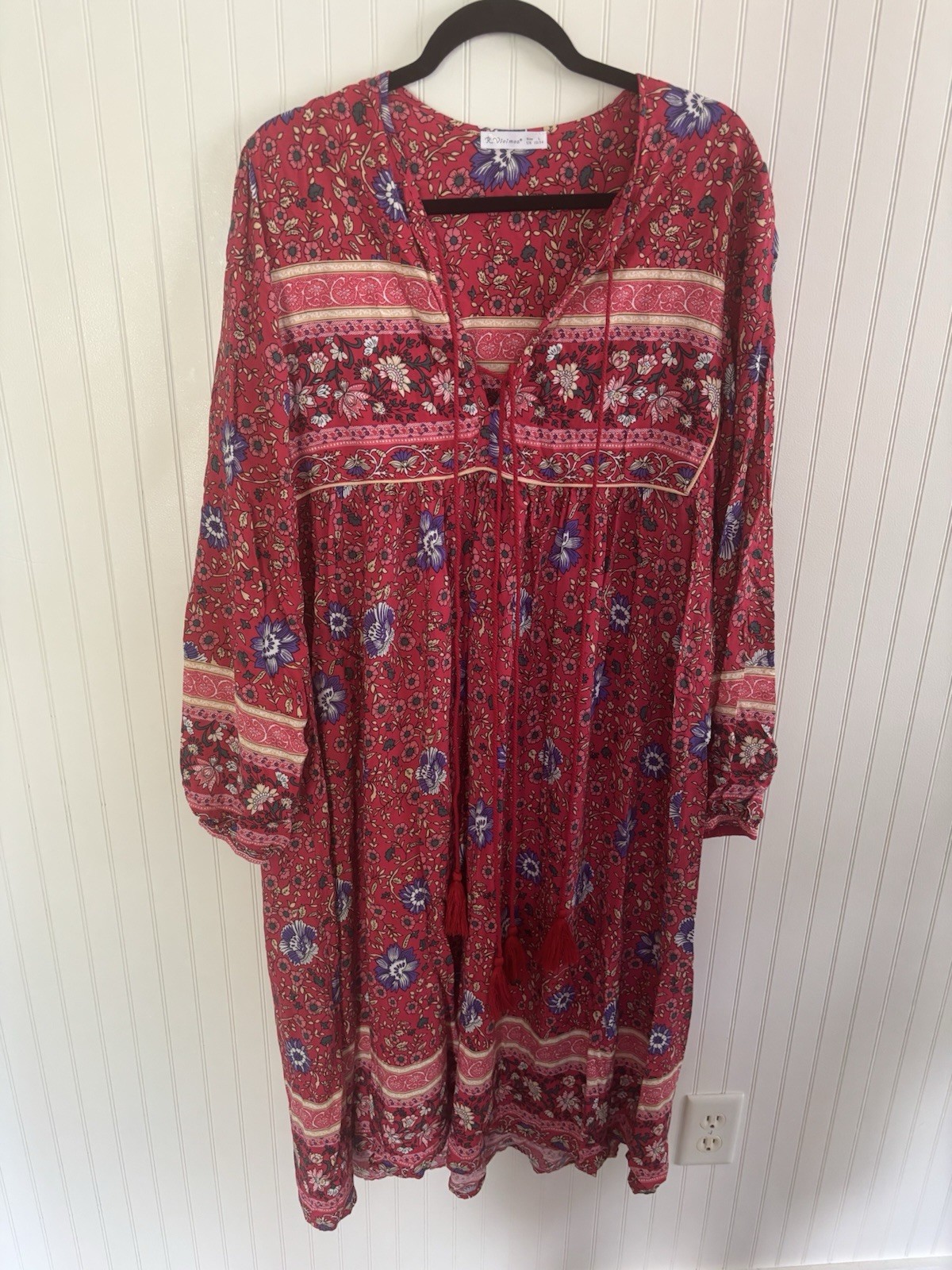 R Vivimos Red Floral Midi Long Sleeve Bohemian Tasseled Tie Dress Women’s L