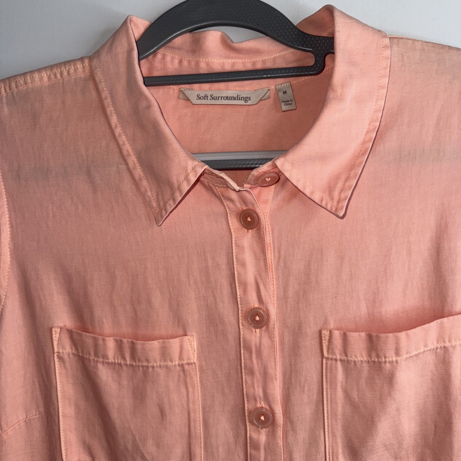 Soft Surroundings Kiran M Peach Nectar Shirt Dress Linen Blend Roll Tab Sleeves