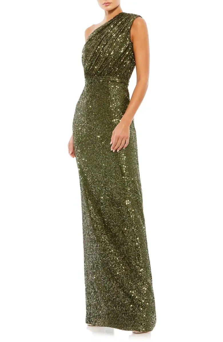 Ieena Mac Duggal Olive Green Sequin One-Shoulder Column Gown Size 10 $398