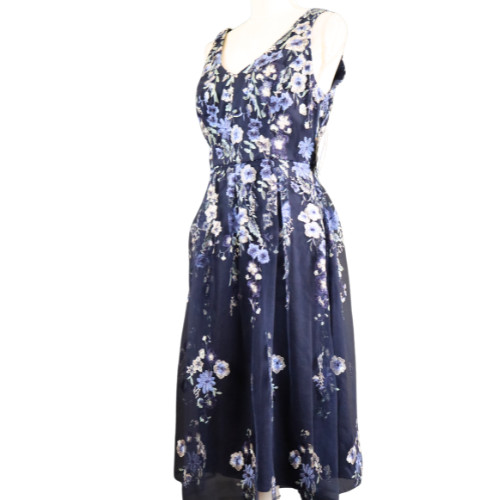 Alex Evenings Navy Blue Floral Mesh Midi Dress Size 6 Elegant Evening Cocktail