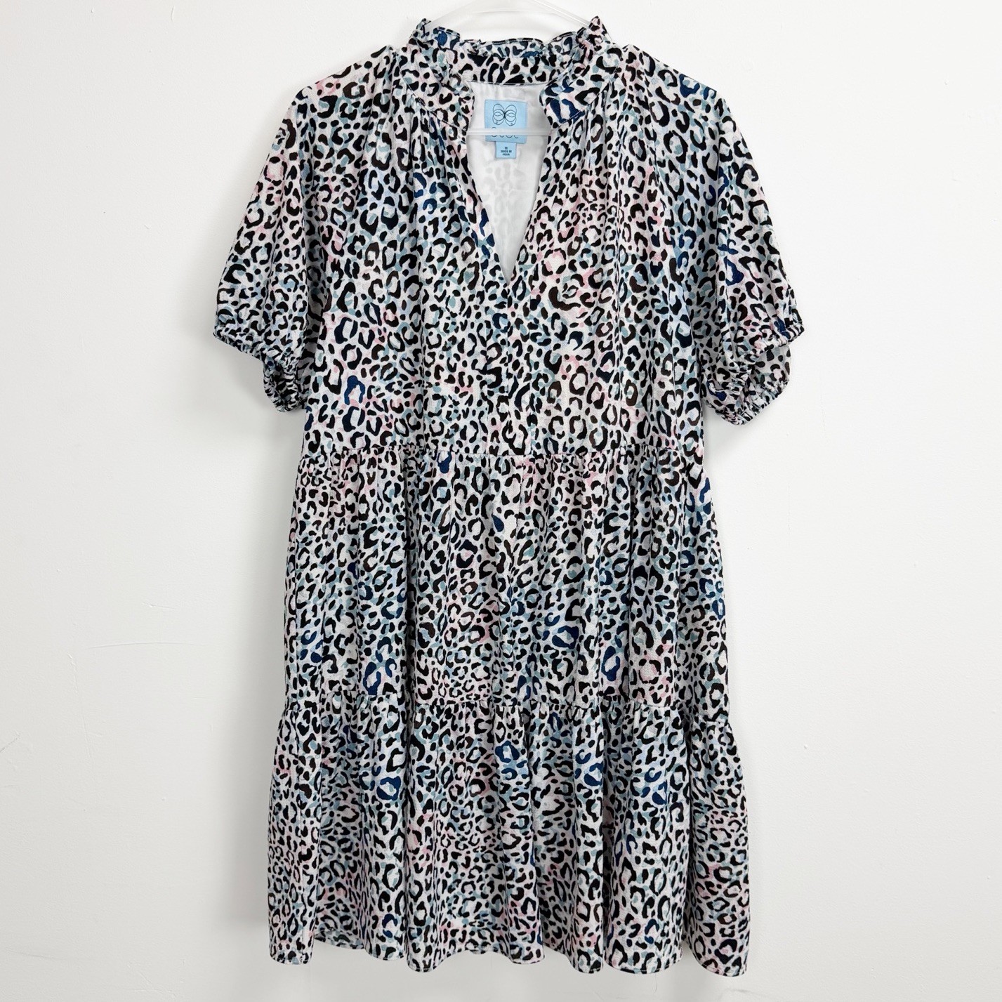 Cece Dress Womens Medium Pastel Blue Pink Animal Print Ruffle Neck Short Sleeve