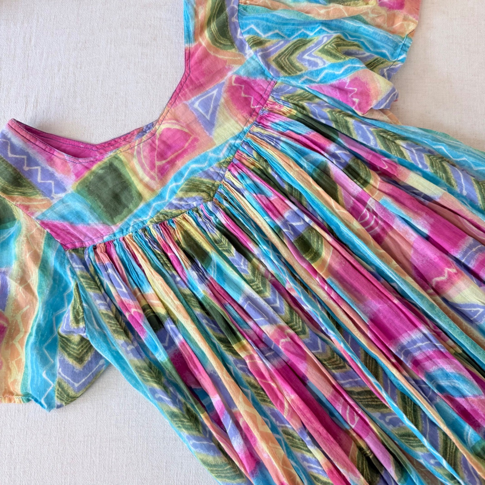 Sita Nepal Cotton Maxi Dress Small Multi Color Abstract Geometric Boho Crinkle