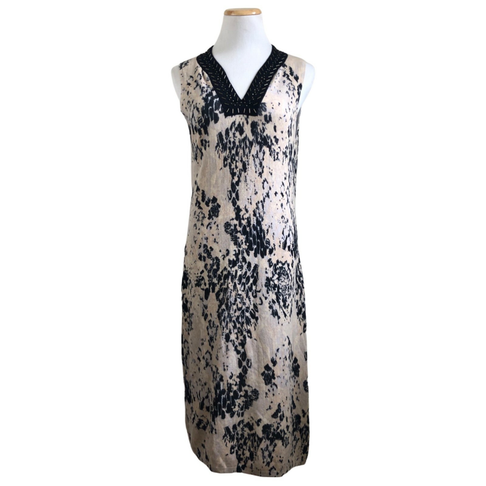 Adrienne Vittadini Collection Dress Cotton Knit Beige Black Bead Neckline Medium