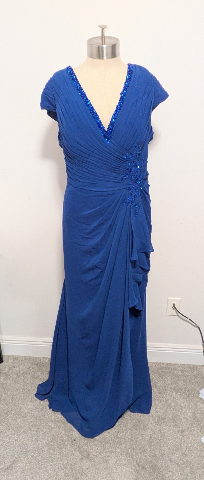 Missacc Blue Evening Gown Ruching Pleated Beaded Cascading Ruffle Sequin Dress