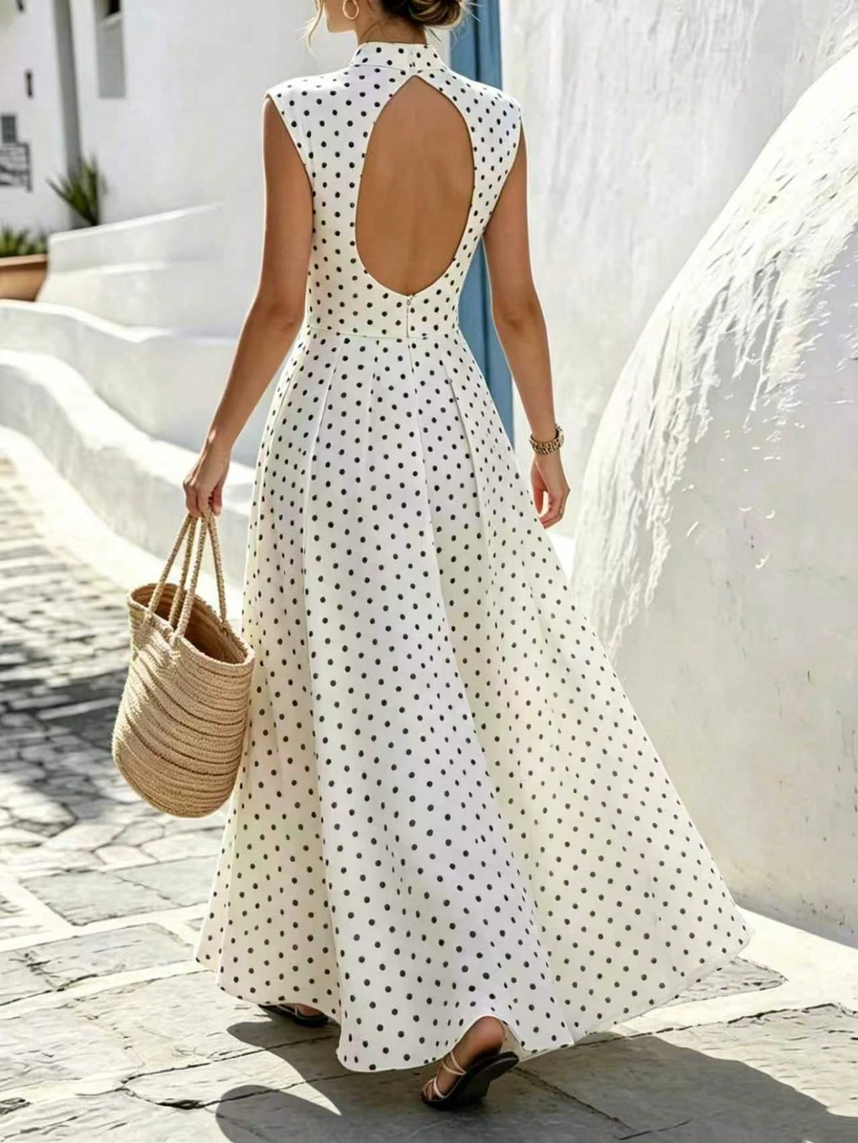 Elegant Polka Dot Pattern Backless Long Dress for Women