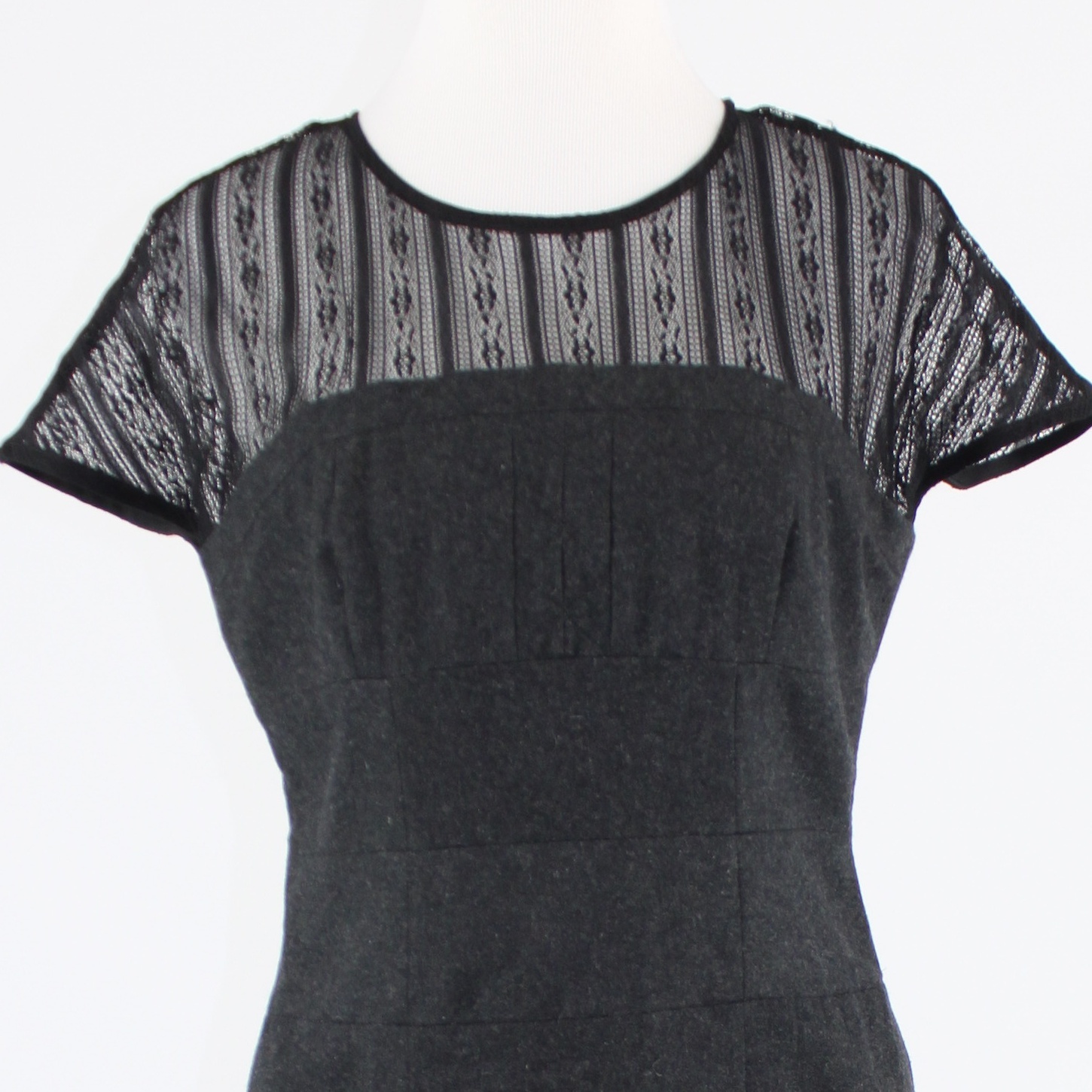Charcoal gray TULLE black sheer lace neckline cap sleeve sheath dress L