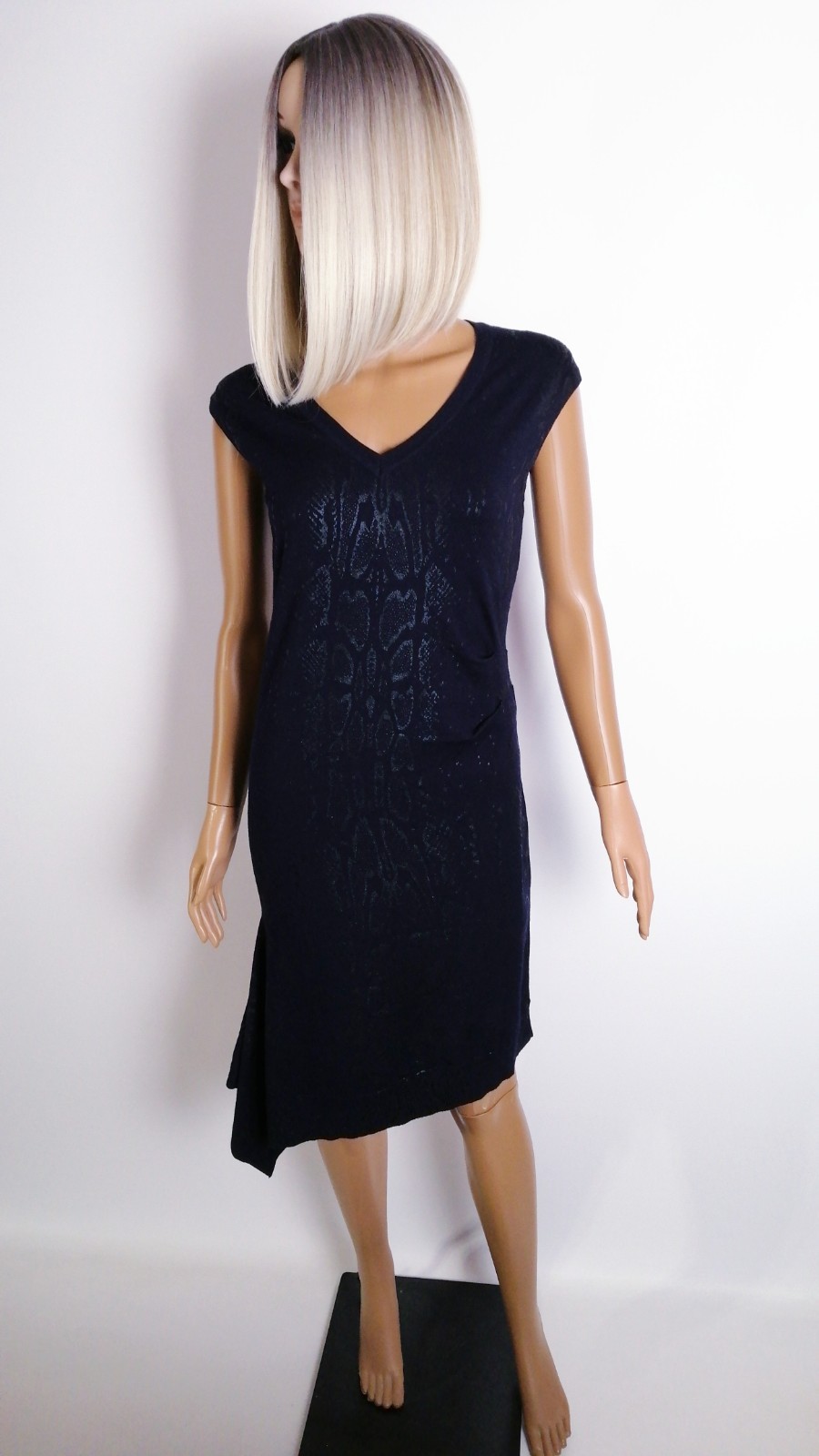 Karen Millen Asymmetric Midi Dress, Navy Snake Print V-Neck, Size 3 UK 12 US 8