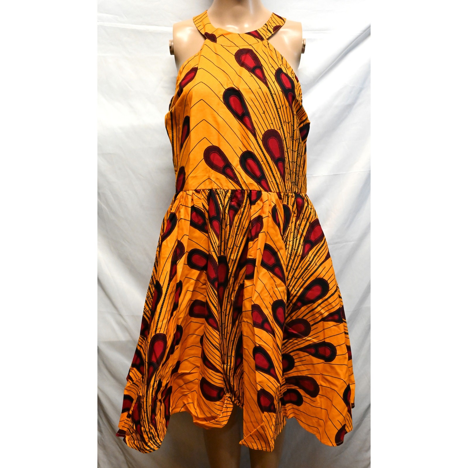 Shenbolen Butterfly African Print Halter Knee Length Dress Women’s Large Cotton
