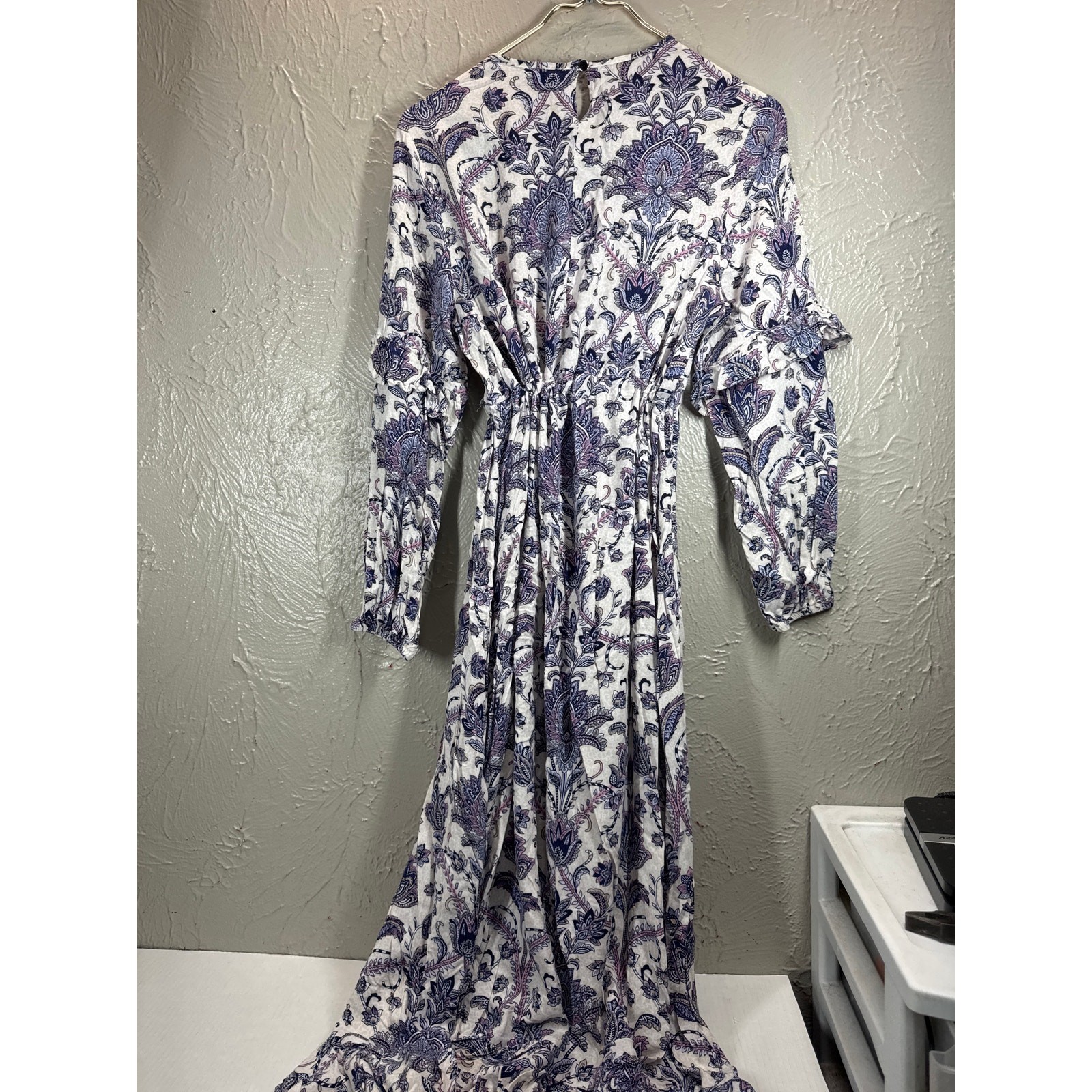 Refka Womens Long Sleeve Maxi Dress Ruffle Paisley Flower Drawstring Waist Sz 10