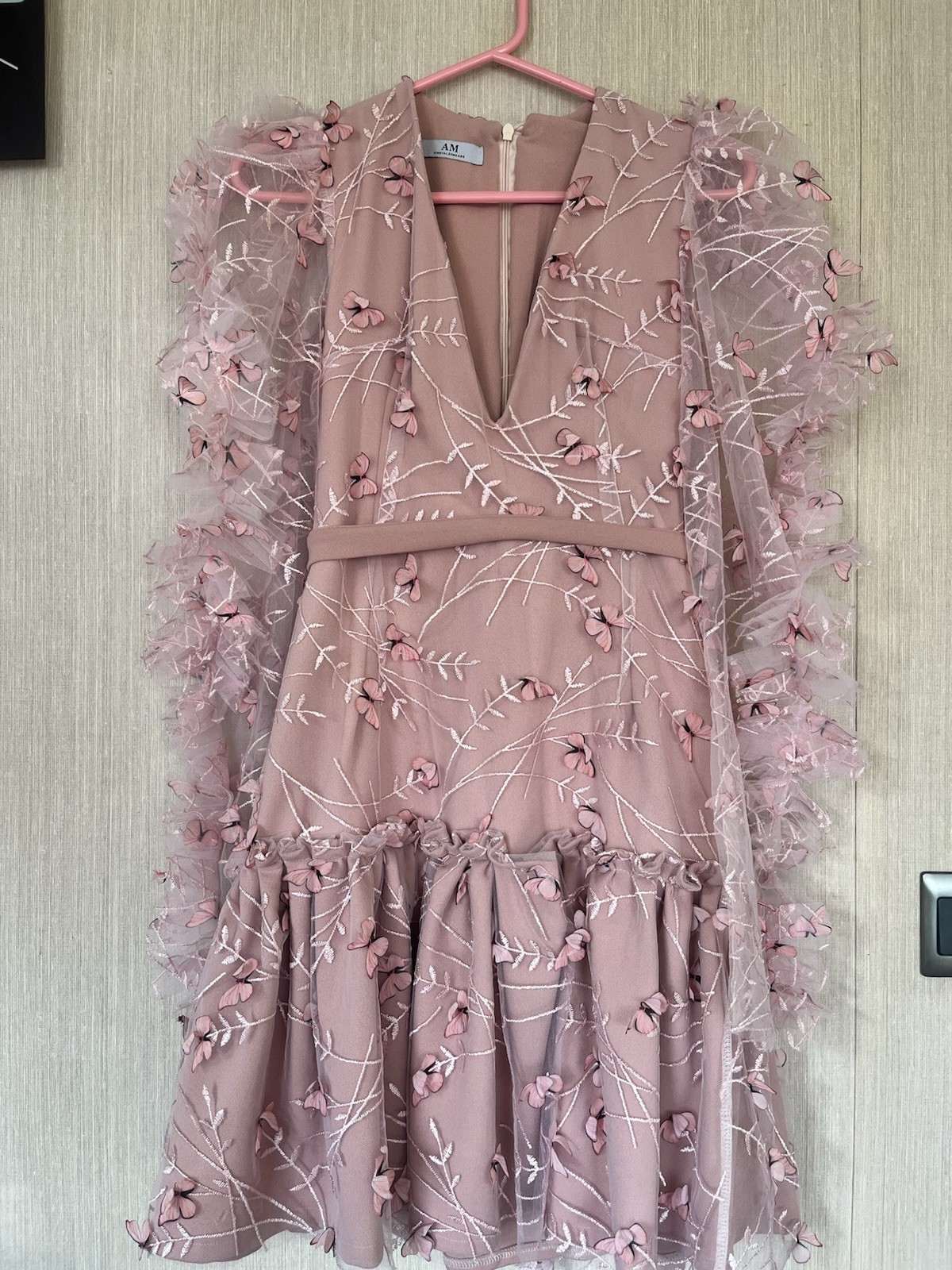 Beautiful Butterfly Hand Made Party Dress By Alex Meade Light Pink Rose Uk 8-10